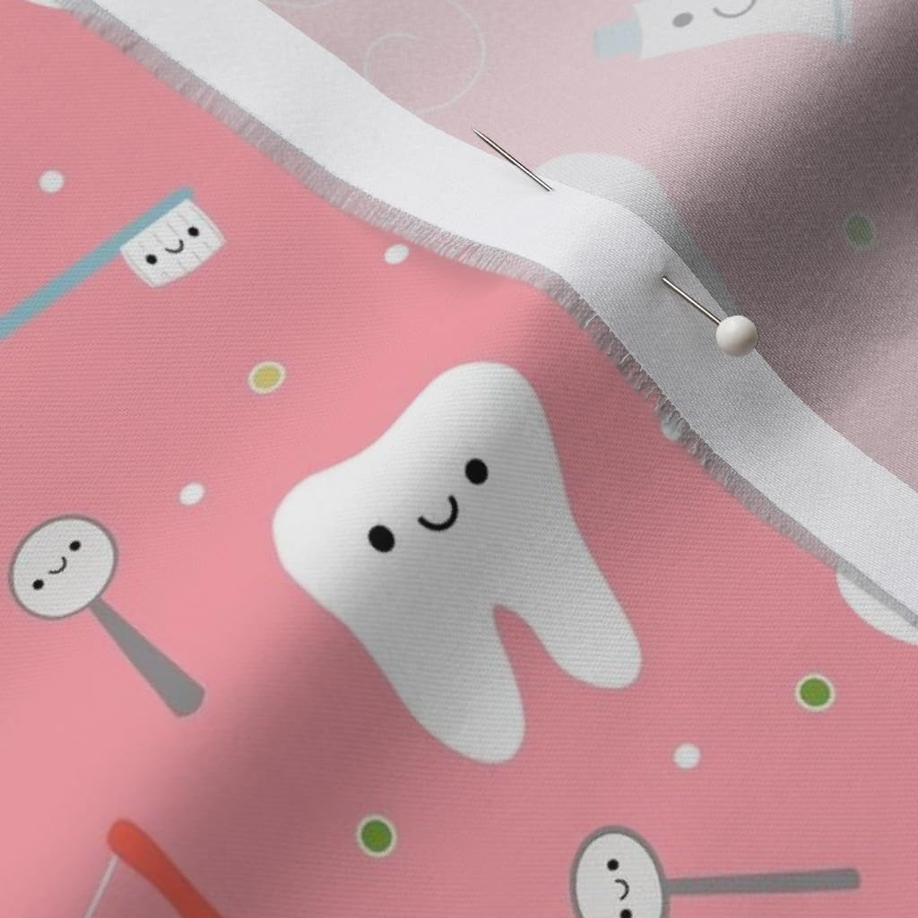 Spoonflower Fabric - Happy Teeth & Friends Pink Tooth Dental Dentist Dentistry Toothpaste Printed on Organic Cotton Sateen Fabric by The Yard - Sewing Quilting Apparel Home Decor