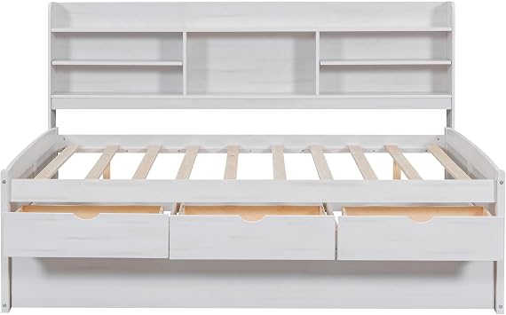 Vinsetto Classic Style Full Size Wooden Captain Bed with Built-in Bookshelves, 3 Storage Drawers, and Trundle, 79" L x 104.5" W x 47" H, White