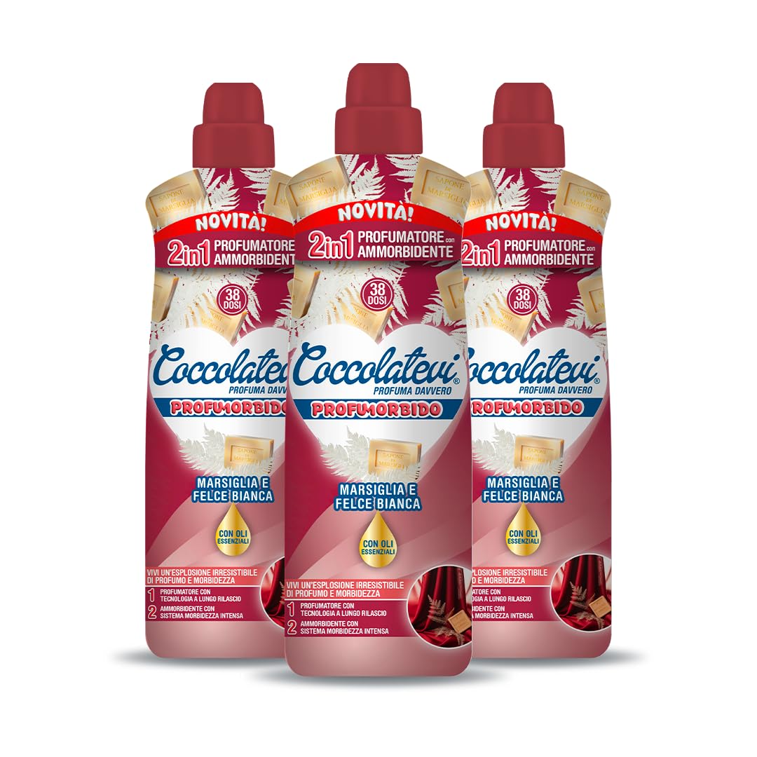 COCCOLATEVI Profumorbido Marsiglia e Felce Bianca, Confezione da 3 x 760 ml, Profumatore e Ammorbidente 2in1, 38 Lavaggi a Flacone, Formula Concentrata con Oli Essenziali e Microcapsule