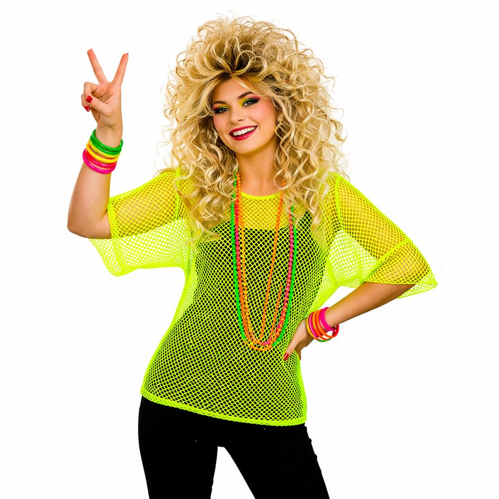 Wicked Costumes Adult Unisex 80s Mesh Top Fancy Dress โ Neon Yellow Fishnet Shirt Retro Disco Party Festival Outfit - One Size (UK 6-10) โ image 1