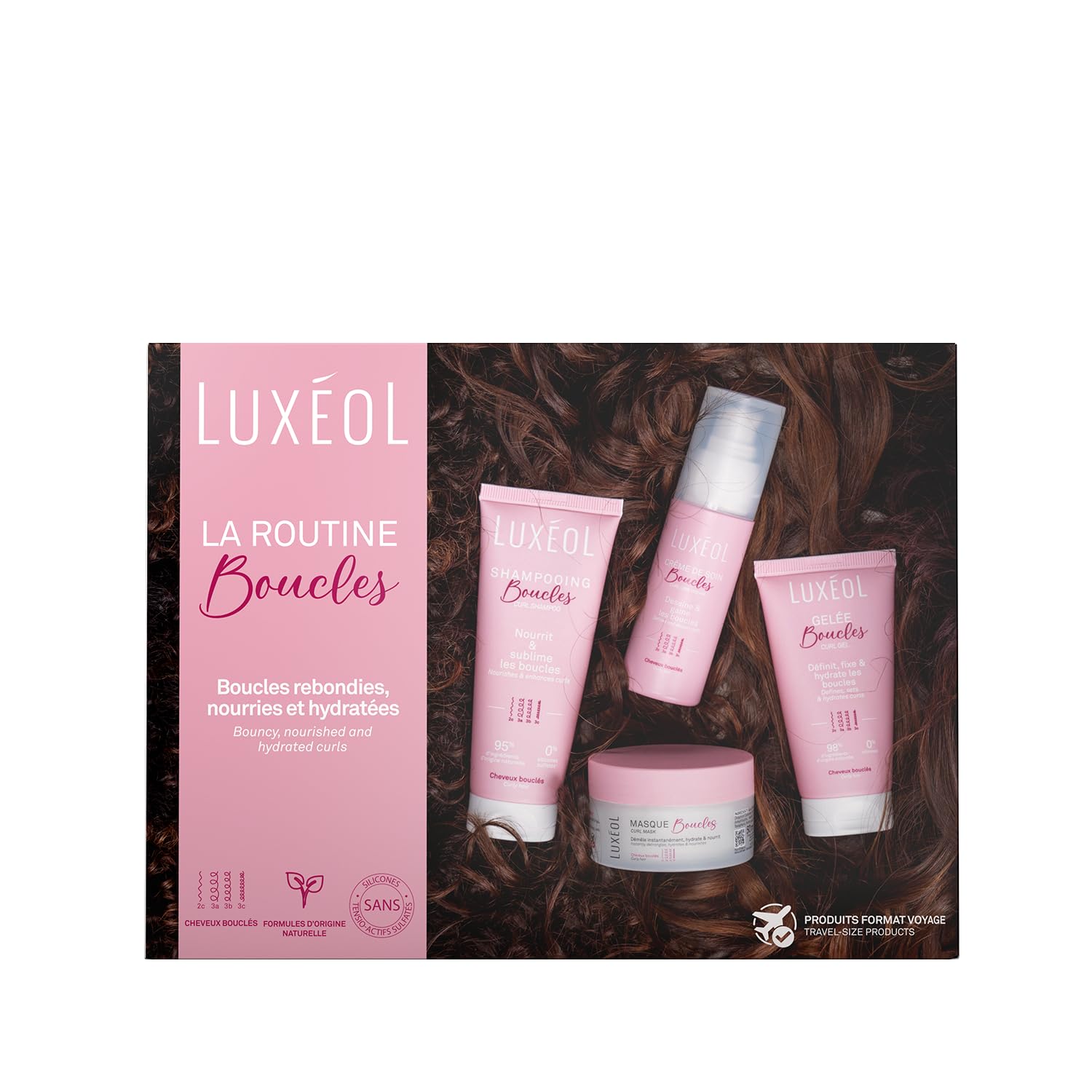 LUXEOL - Routine Cheveux Bouclés - Format Voyage - Sublime Les Boucles - Limite les Frisottis - Parfum Gourmand - Shampooing 75ml + Masque 50ml + Crème De Soin 50ml + Gelée 50ml