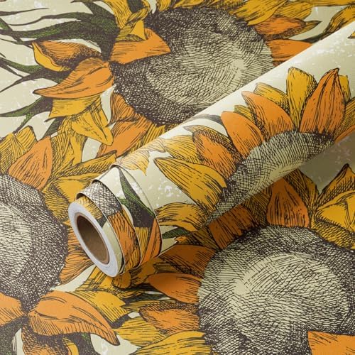 Livelynine Sunflower Peel And Stick Wallpaper - Vintage Floral Contact Paper, 17.5" X 2m Roll