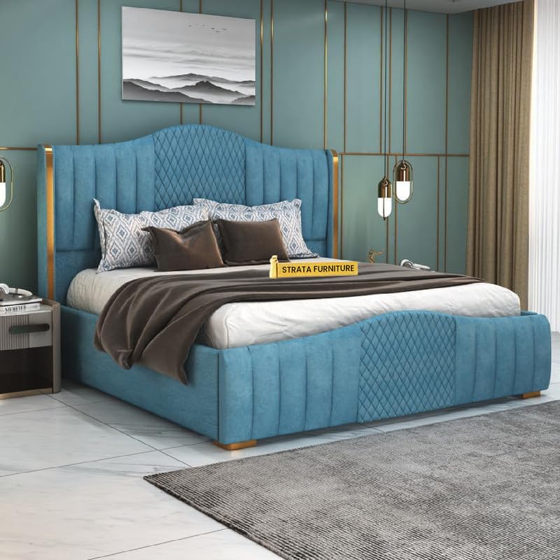 STRATA FURNITURE Solid Wood Queen Size Bed with Box Storage and Upholstered Headboard | Stylish Wooden Double Bed Cot Palang Furniture for Bedroom, Ho