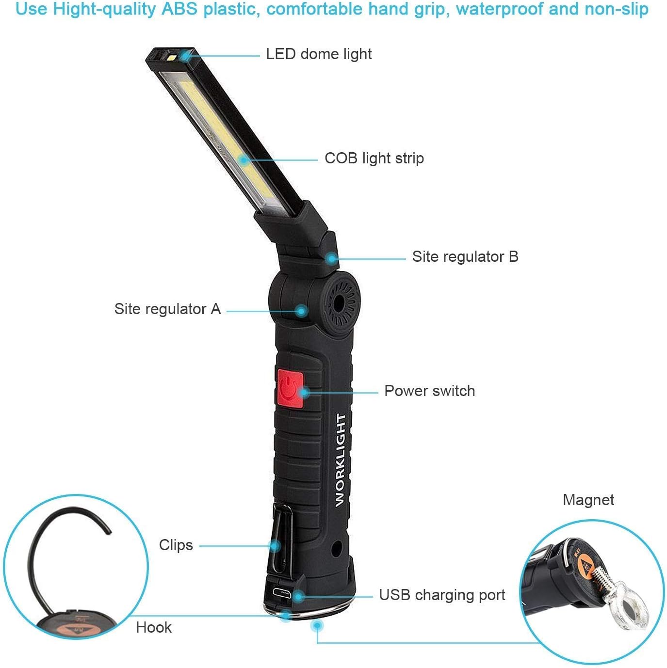 Diagram of OTYTY LED Work Light components including LED dome light, COB light strip, power switch, USB charging port, magnet, clips, and hook.