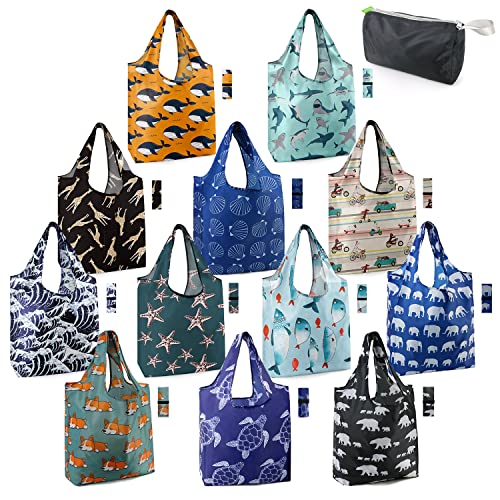 BeeGreen 12 Packs Starfish Dog Reusable Shopping Bags w Storage Pouch & Elastic Band Reusable Grocery Bags Bulk 50LBS X-Large-Foldable-Machine Washable-Heavy Duty- Eco Bags Recycling Bags w Handle
