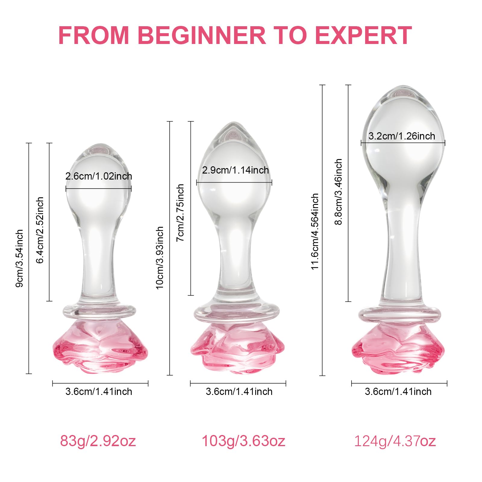 3-Piece Rose and Droplet Shaped Glass Anal Plug Set, Crystal Butt Plugs, Anal Stimulation Trainer, Anus Expander Training Sex Toys Anal Masturbation Plug for Adult Men Women Gay and Couples