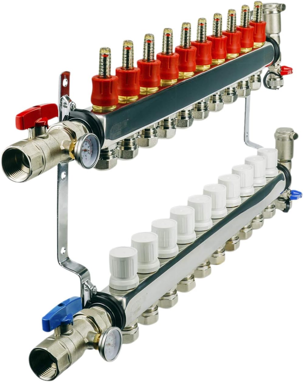 Midline Valve NQT110-5 PEX Manifold 1/2 in. for Radiant Heating System; with Valves, Vents, Gauges, and Mounting Brackets; Stainless Steel; 10 Port (5 Pack)