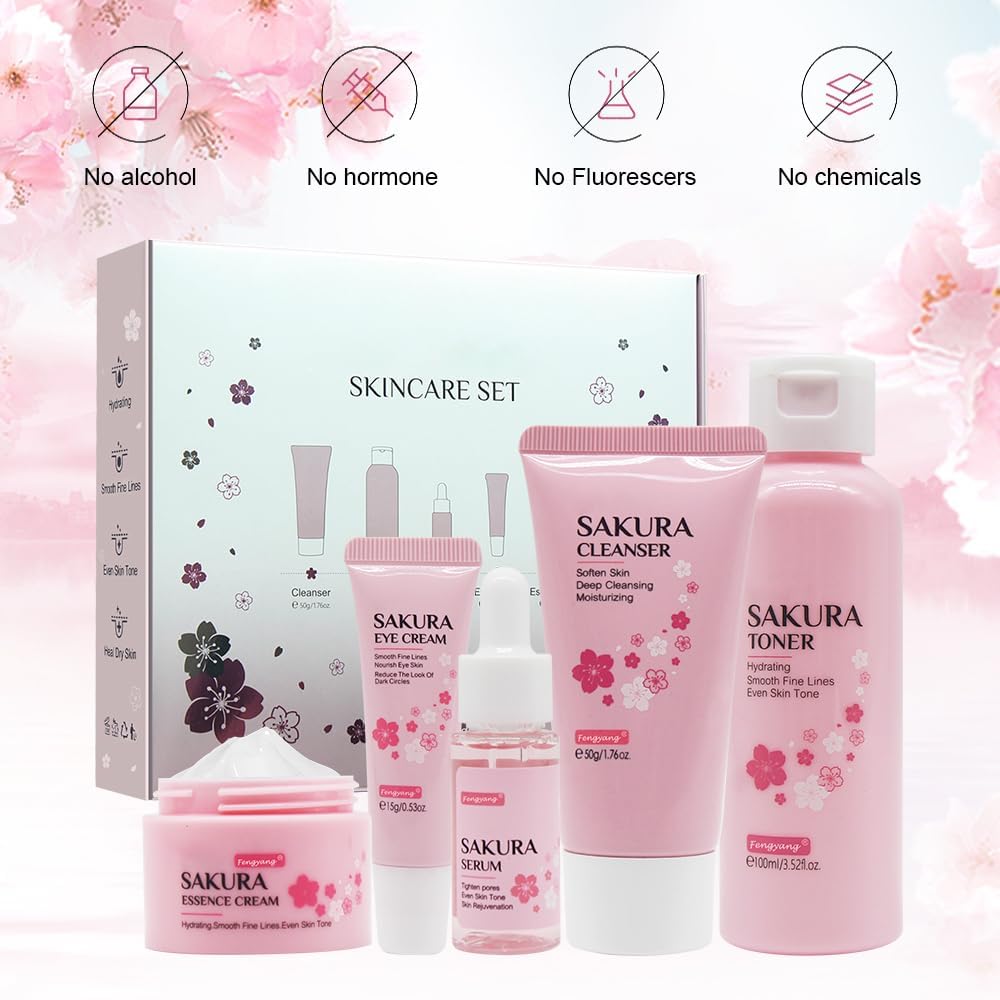 Fengyang® Kit Per La Cura Della Pelle Sakura Da 5 Pezzi Set Per La Cura Della Pelle Sakura Kit Idratante Per La Cura Del Regalo Da Donna Strumento Del Viso Con Estratto Di Fiori Di Ciliegio (5set)