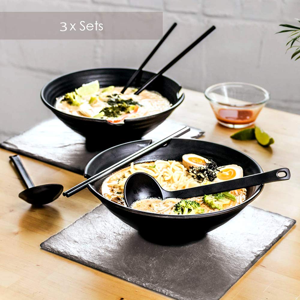 Genérico Juego de 3 tazones japoneses para Sopa de Fideos Ramen de 37 onzas, de melamina, de plástico Duro, con Cuchara y Palillos a Juego para tazones de Fideos asiáticos Udon Soba Pho y Cereales.