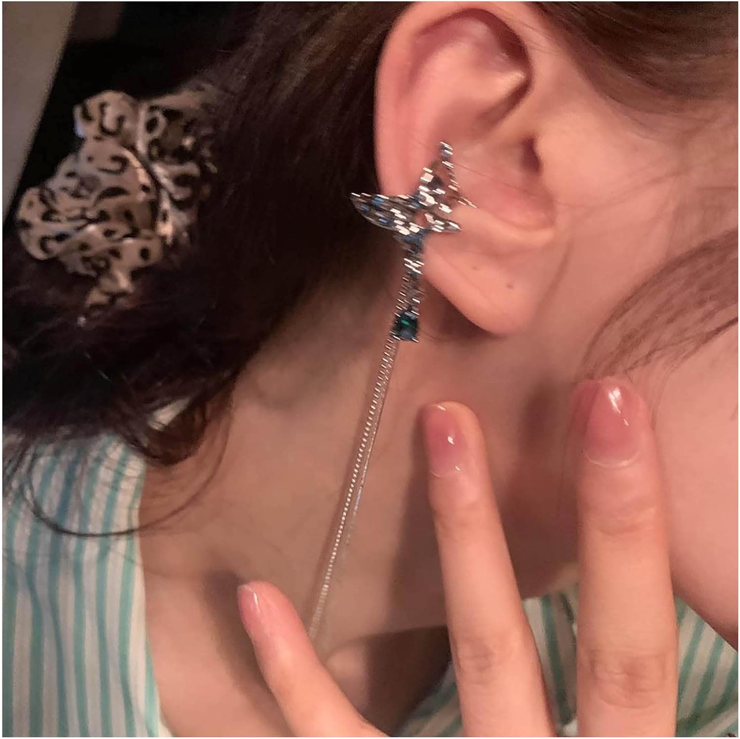 Andelaisi Boho Butterfly Ear Cuff Earrings Green Emerald Dangle Drop Earrings Silver Butterfly Cartilage Cuff Earring Long Tassel Chain Drop Earrings Jewelry for Women - Image 3