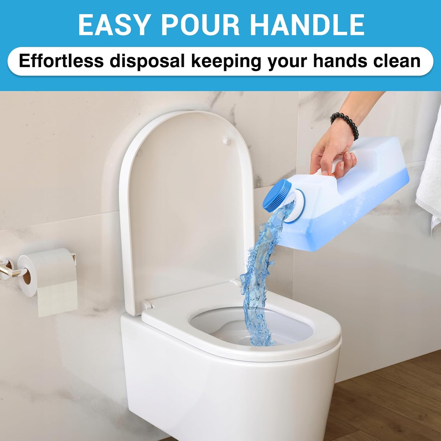 Image showing a hand holding the Tilcare Portable Urinal by its handle and pouring liquid into a toilet, demonstrating the easy pour feature.