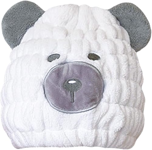 LCBD Toalla de microfibra para el cabello para niños, juego de gorro seco de oso blanco con bandas elásticas para el cabello, toalla absorbente de