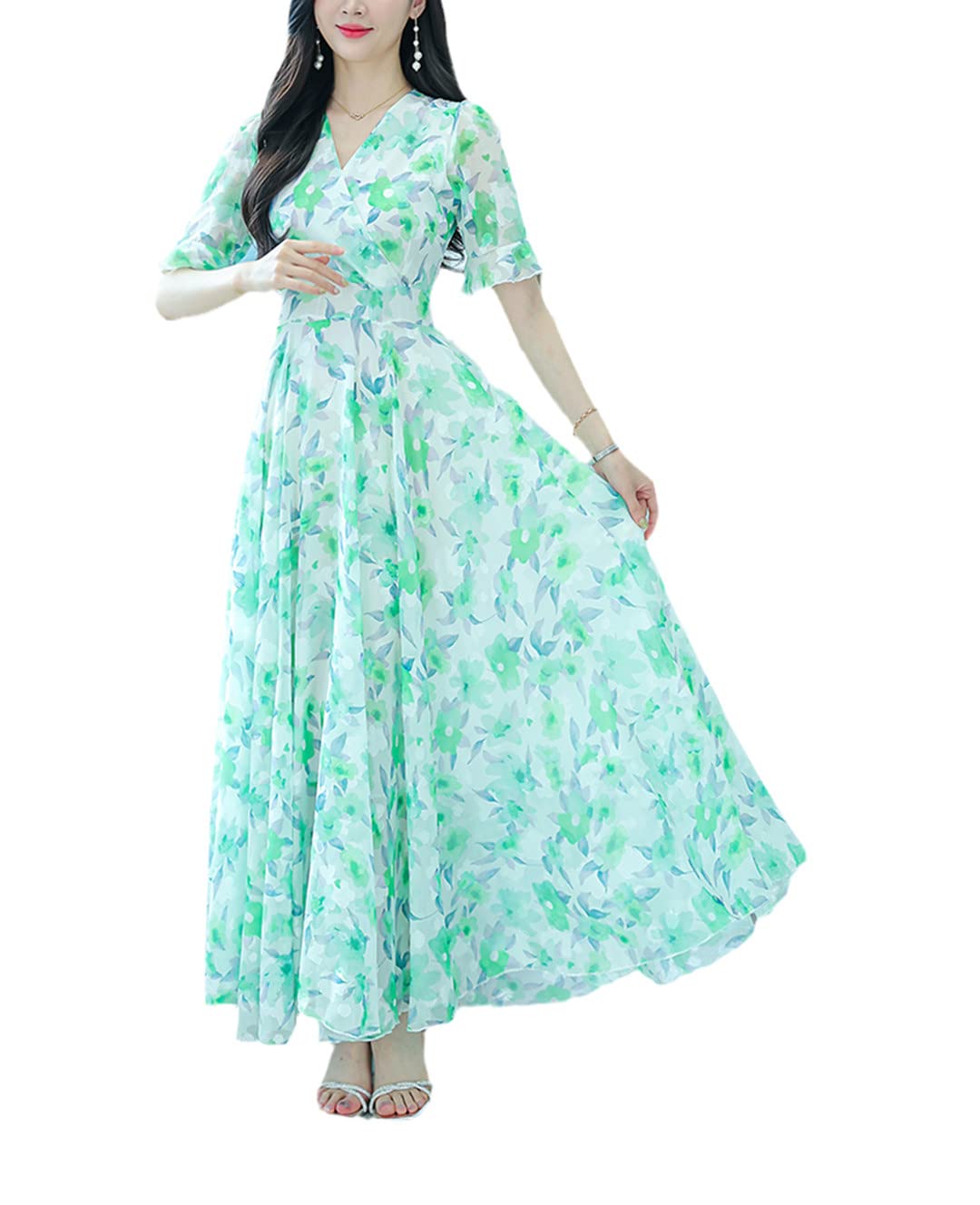 Abito lungo da donna, in chiffon, estivo, alla moda, floreale, casual, elegante, da sera