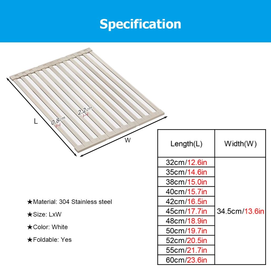 Escurridor de Platos Enrollable y Extensible de Acero Inoxidable 304 de 32-60 cm, Plegable, Antideslizante y Resistente al Calor para la Cocina.