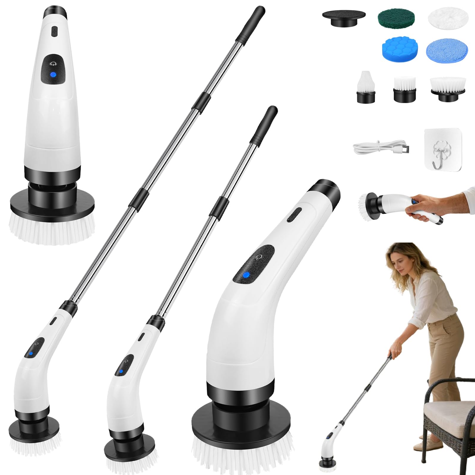 Cordless Bathroom Cleaning Brush, Lightweight & Flexible Electric Spin Scrubber with Replaceable Brush Heads, Extendable Long Handle, 300/400RPM Turbo Scrub Shower Power Scrubber for Floor, Tiles, Car