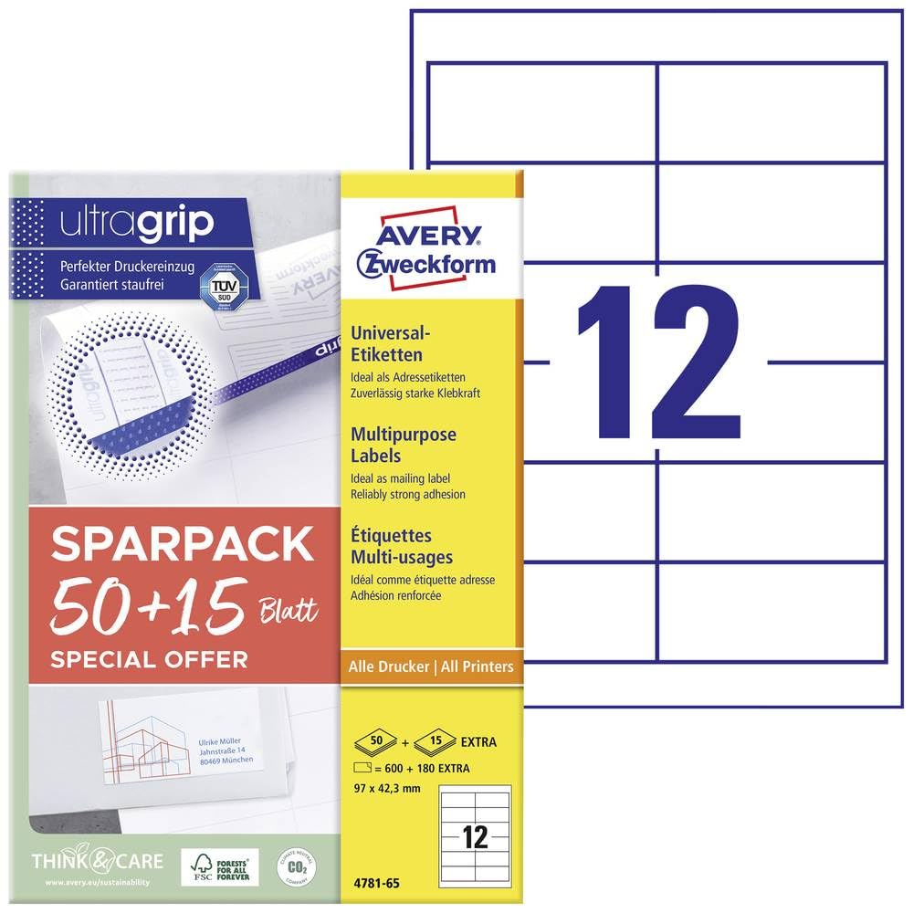 AVERY Zweckform 4781-65 Address Stickers (600 Plus 180 Extra Adhesive Labels, 97 x 42.3 mm on A4, Matte Paper, Printable Sender Labels, Self-Adhesive Address Labels with Ultragrip) 65 Sheets, White