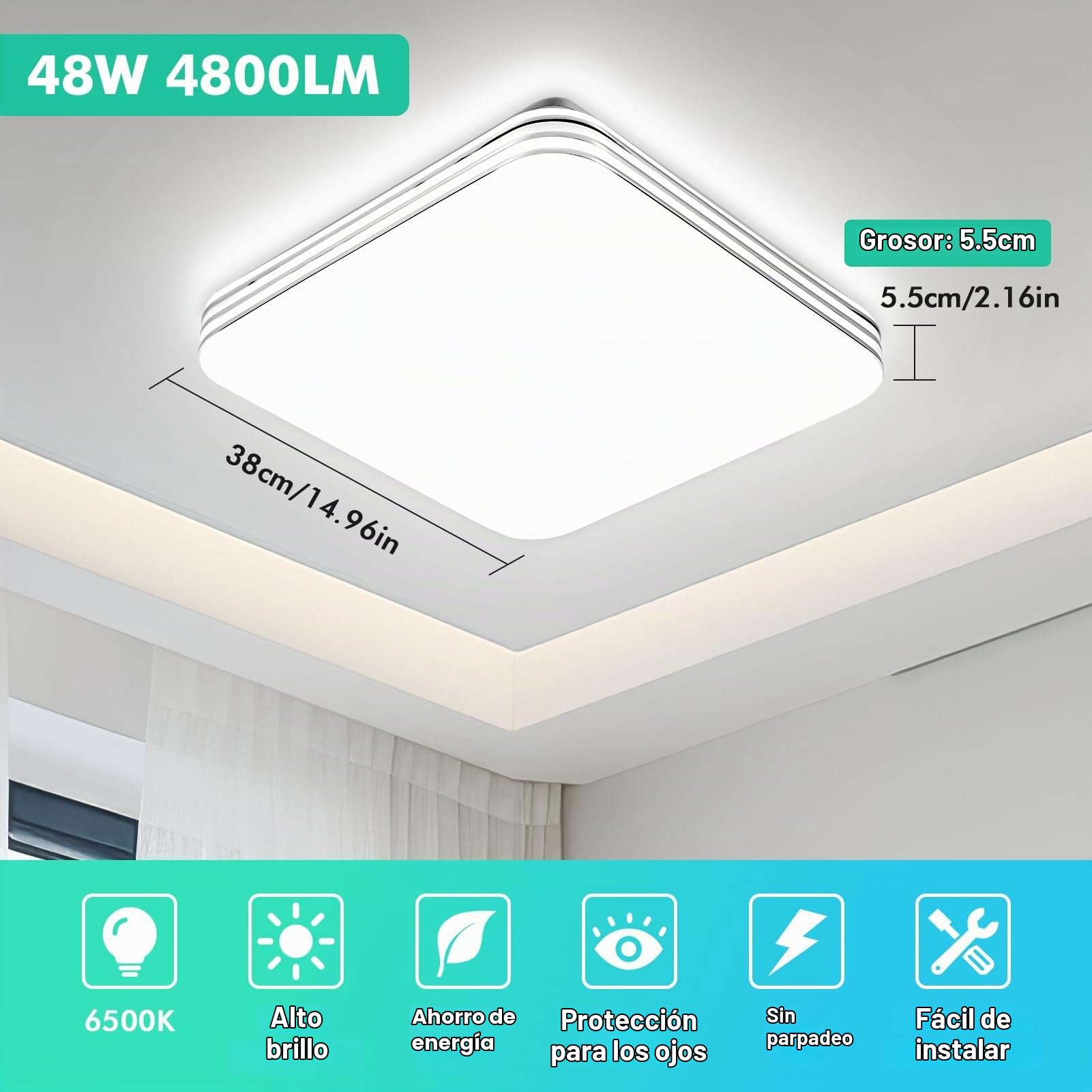 Plafon LED Techo 48W,6500K Blanco Frío Lampara Techo,4800LM Cuadrado Plafones para Techo LED,Moderna Lámpara de Techo para Salon Dormitorio Balcón Pasillo Cocina Oficina,Ø38cm