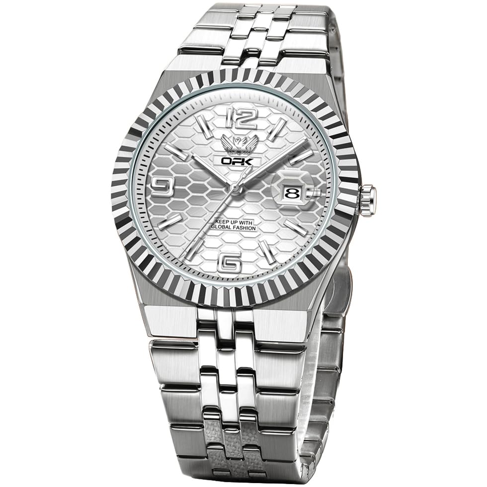 OPK Watch for Men Silver White Business Large Analog Quartz Stainless Steel Day Date Waterproof Luminous Casual Wrist Watches