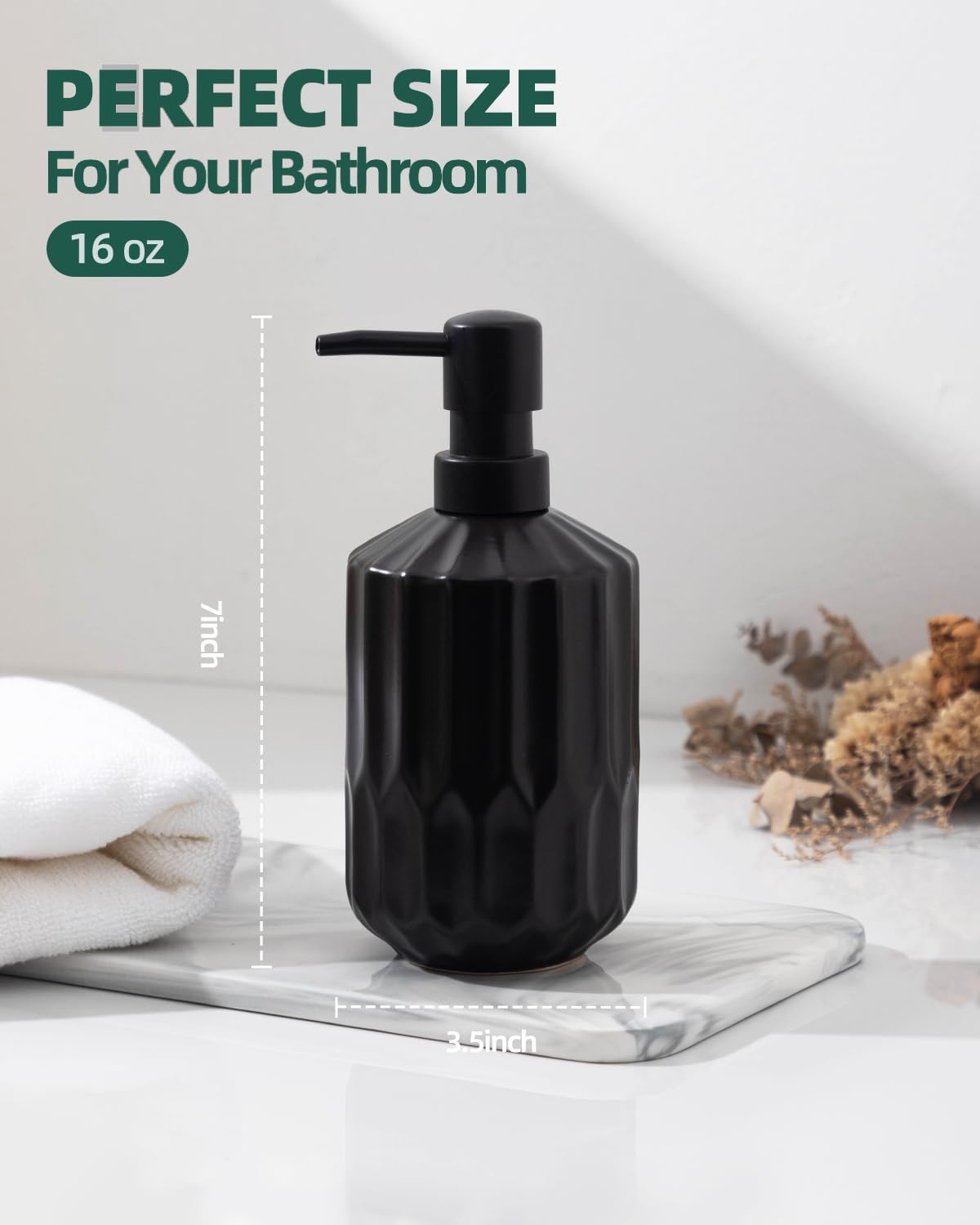 Fun Elements Bathroom Soap Dispenser, 16 Oz Luxurious Hand soap Dispenser for Bathroom, Ceramic Liquid Soap Dispenser for Bathroom Countertop with Plastic Pump, Silicone Funnel（Black Bottle） - Image 4