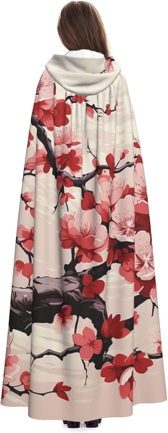 Japanese Floral Cherry Blossom Hooded Cloak Full Length Hooded Robe Witch Cape Halloween Cosplay Costumes for Women Men
