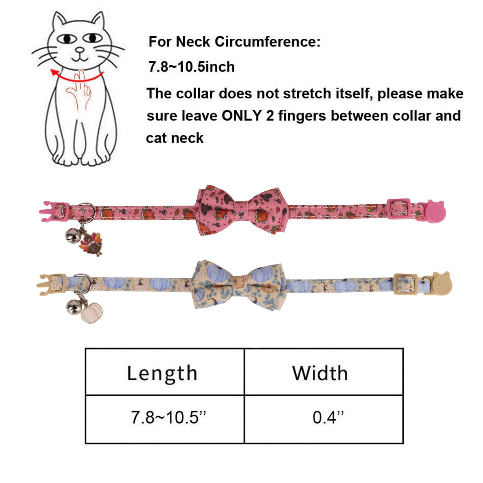 PTDECOR Collar de gato de Acción de Gracias con pajarita, campana, pavos y calabazas, collar bandana para gato, collares de pajarita para gatos y gatitos (Acción de Gracias)