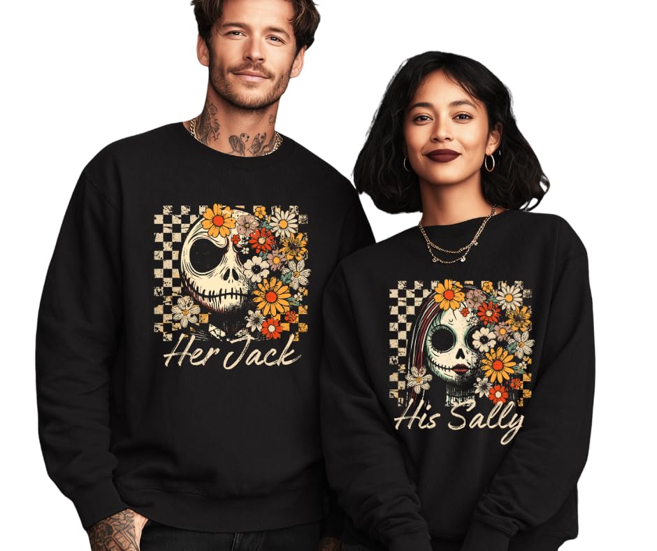 Her Jack & His Sally Couple Sweatshirts – Matching His & Hers Pullover with Vintage Floral Design, Romantic Halloween Outfits for Couples Black