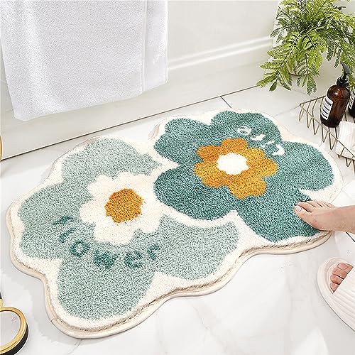 32×19 Green Flower Shaped Bath RugNon Slip Water Absorbent Bathroom Rug MatCute Machine Washable for BathroomKids BedroomSmall Floral Soft and Fluffy Bath Mat