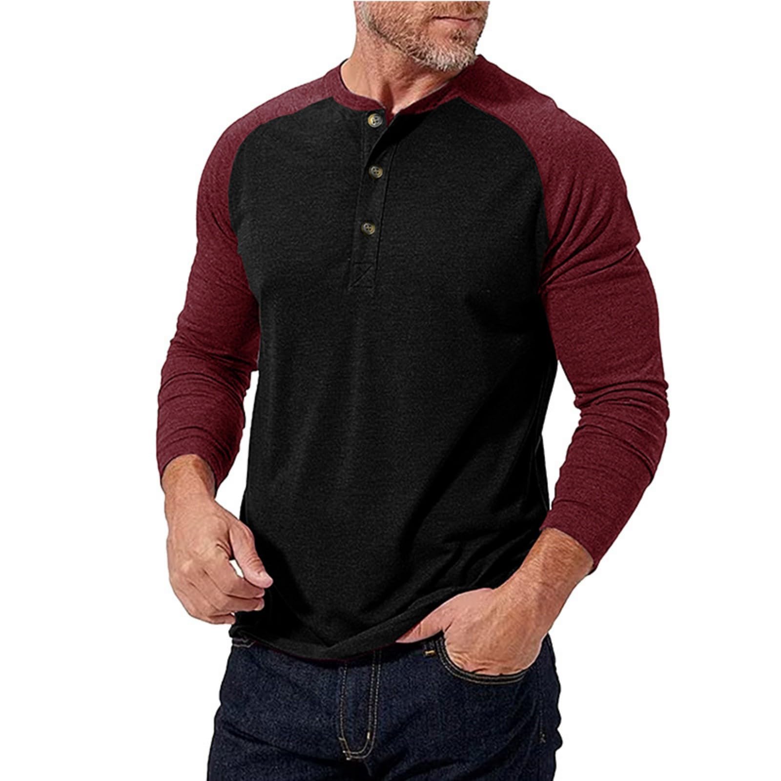 Men's Henley Shirts Casual Crewneck Color Block Long Sleeve T-Shirt Basic Classic Button Lightweight Slim Fit Tees