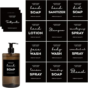 36 Pcs Hand Soap Labels Waterproof, v2croft Minimalist Farmhouse Soap Labels for Bottles, Black Label Stickers for Lotion Dispenser, Shampoo, Conditioner, Dish Soap 2.75 x 2.83
