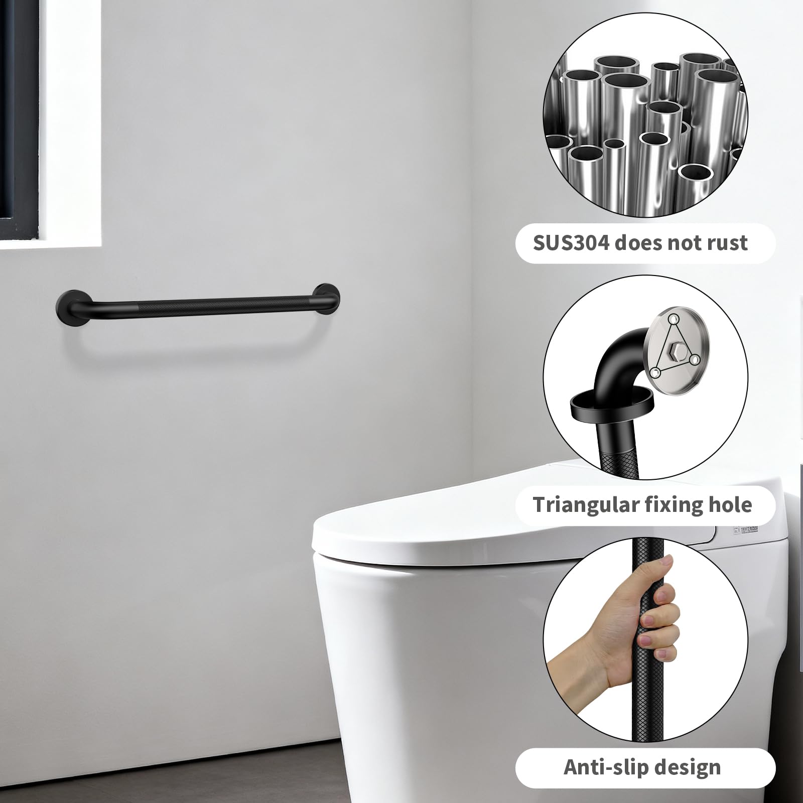 ZUEXT - Paquete de 2 barras de agarre de ducha de 24 pulgadas, mango de seguridad de baño de acero inoxidable negro mate con agarre moleteado, riel de soporte resistente para bañera y inodoro para