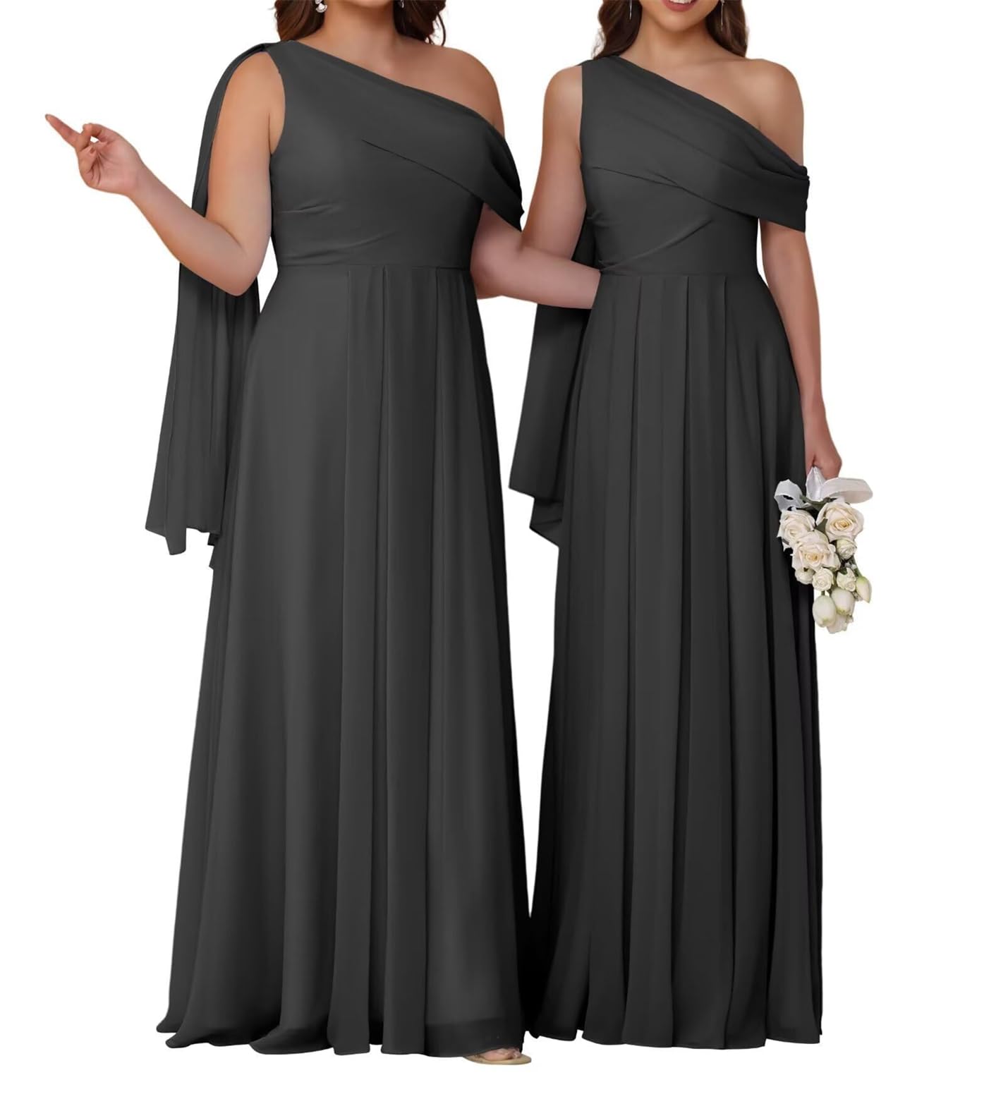 One Shoulder Bridesmaid Dress Chiffon Prom Dresses Short Sleeve Formal Evening Party Maxi Gown WPX051