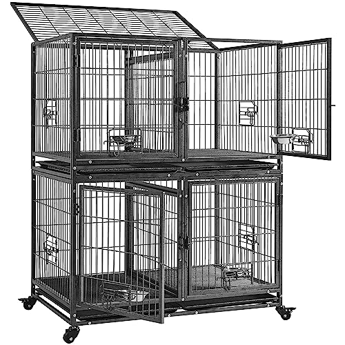 Image of Yaheetech 42.5 Inch Stackable Dog Crate with Divider Open Top 2 Pack | Heavy Duty Rolling Dog Cage, 2 Removable Trays, Lockable Wheels, Multi-Pet Enclosures for Small /Medium Dogs