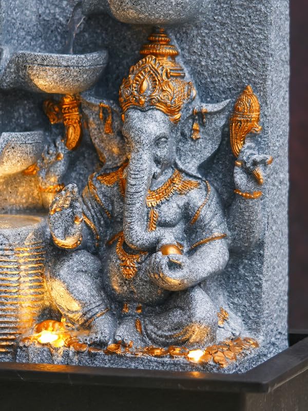 Image of Polyresin Grey Ganesha Idol Tabletop Indoor 4 Diya Steps Water Fountain for Home Decor with Yellow LED Light & Water Flow Controller Pump (Size: 39 x 29.5 x 22CM | Wt: 2195grm)