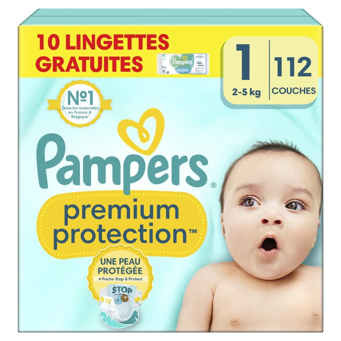 Pampers Premium Protection Taille 1, x112 Couches, 2kg-5kg, Double Protection pour la peau et contre les fuites + 10 Lingettes Harmonie Aqua Gratuites
