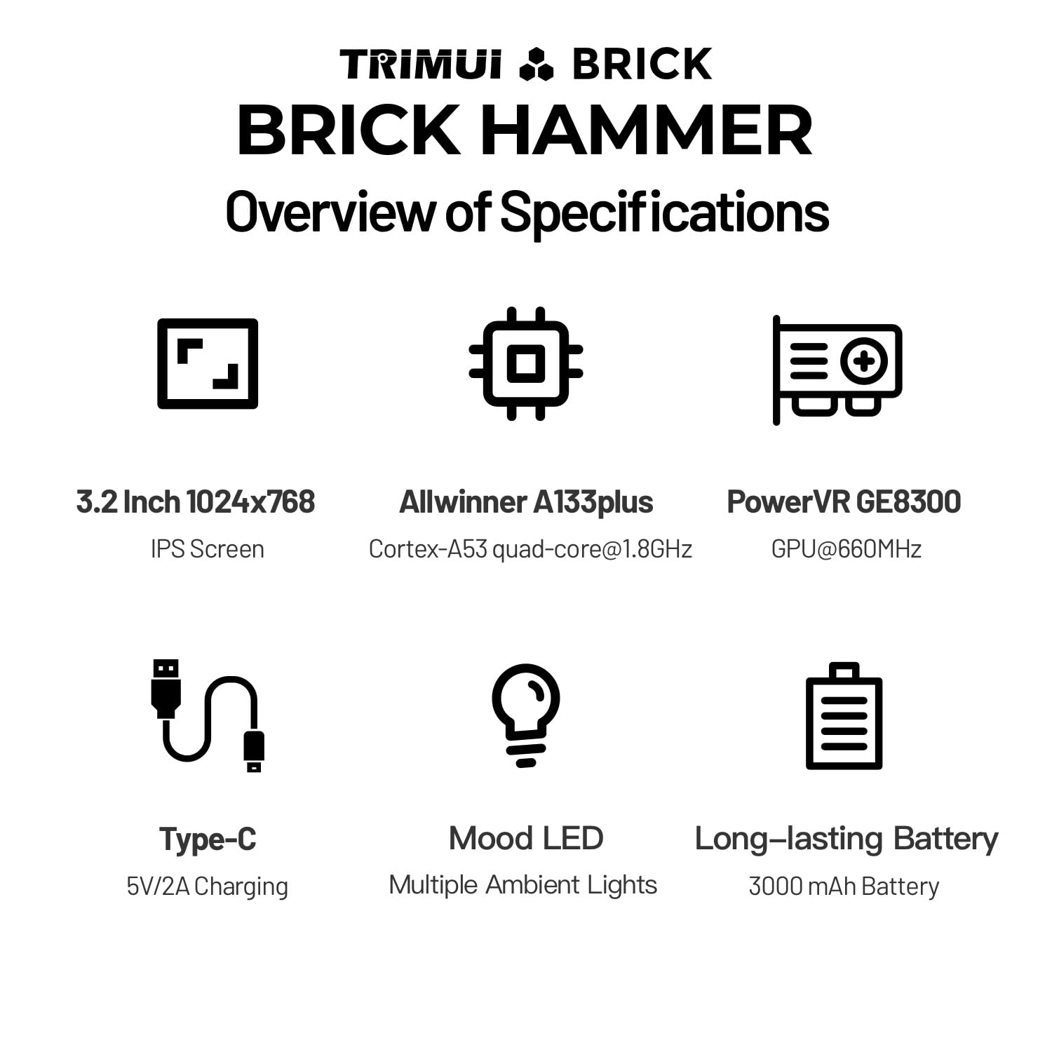 TRIMUI Brick Hammer Retro Console di gioco portatile - Corpo in lega di alluminio CNC in metallo, schermo IPS da 3,2 pollici, memoria 8 GB, espandibile a 1 TB, batteria integrata da 3000 mAh
