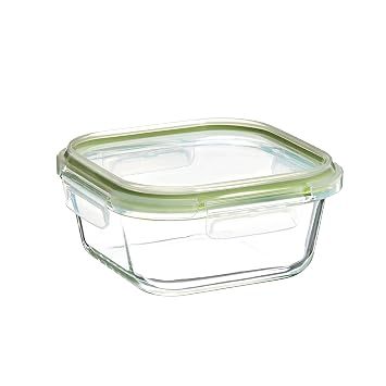 Amazon Brand - Solimo Borosilicate Glass Container with Lid for Kitchen/Tiffin (570ml) | Airtight & Leak-Proof | Freezer, Microwave & Dishwasher Safe (Square Shaped) (Transparent)