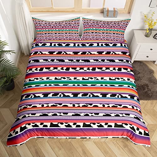 Rainbow Striped Comforter Cover Purple Pink Cow Print Duvet Cover,Black and White Cowhide Bedding Set Bull Cattle Farm Animals Western Bed Set Twin,Farmhouse Decor Cowgirl Room Decor for Tee