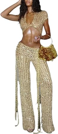 ksotutm Sexy Club Outfits for Women Hollow Out 2 Piece Sets V Neck Short Sleeve Top Loose Pants Y2k Vacation Outfits
