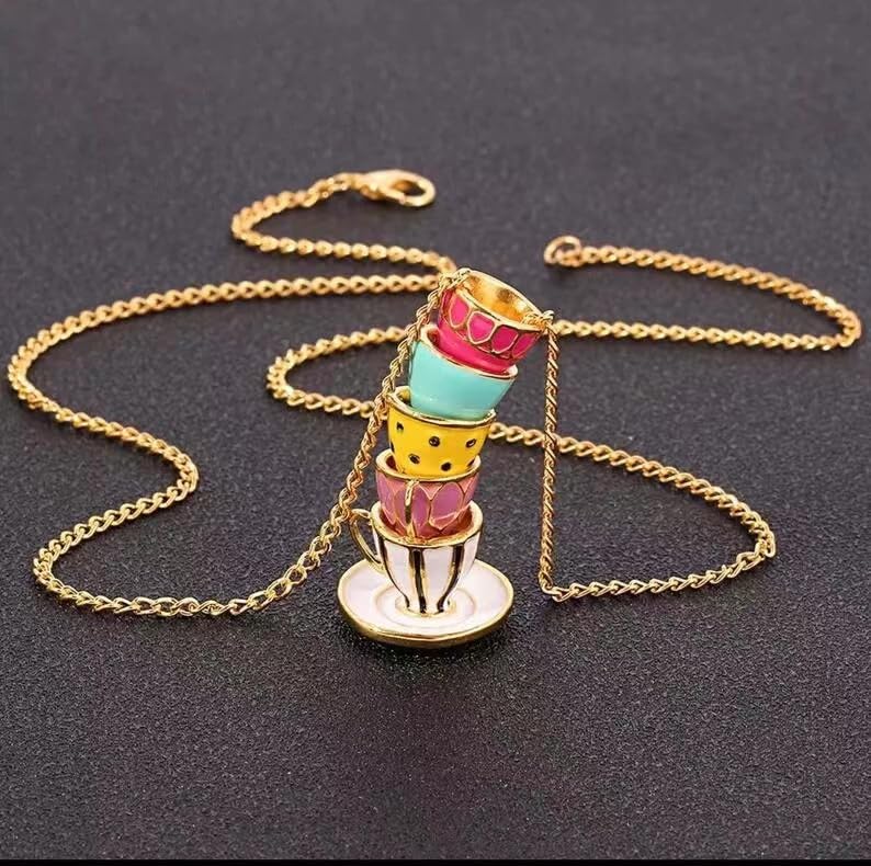 Cute Stacked Teacup Necklace for Adult Women. Great Alice and Wonderland Style Necklace4