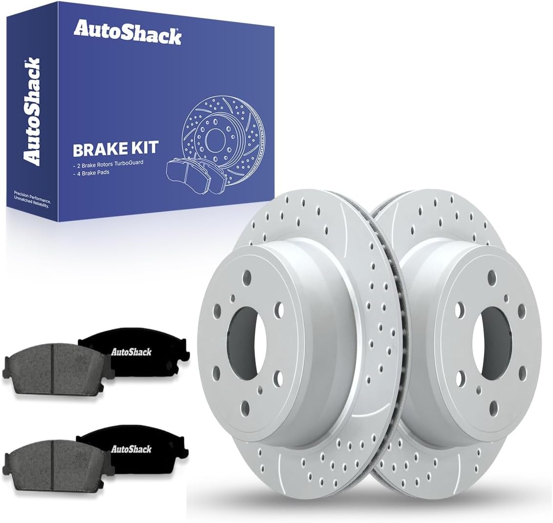 AutoShack Rear Vented Drilled & Slotted Coated Brake Rotors Silver Matte Finish + Ceramic Pads 6-PC Brake Kit Replacement for 2007-2013 Chevrolet Silverado 1500 TurboGuard 13.57" (344.8 mm)