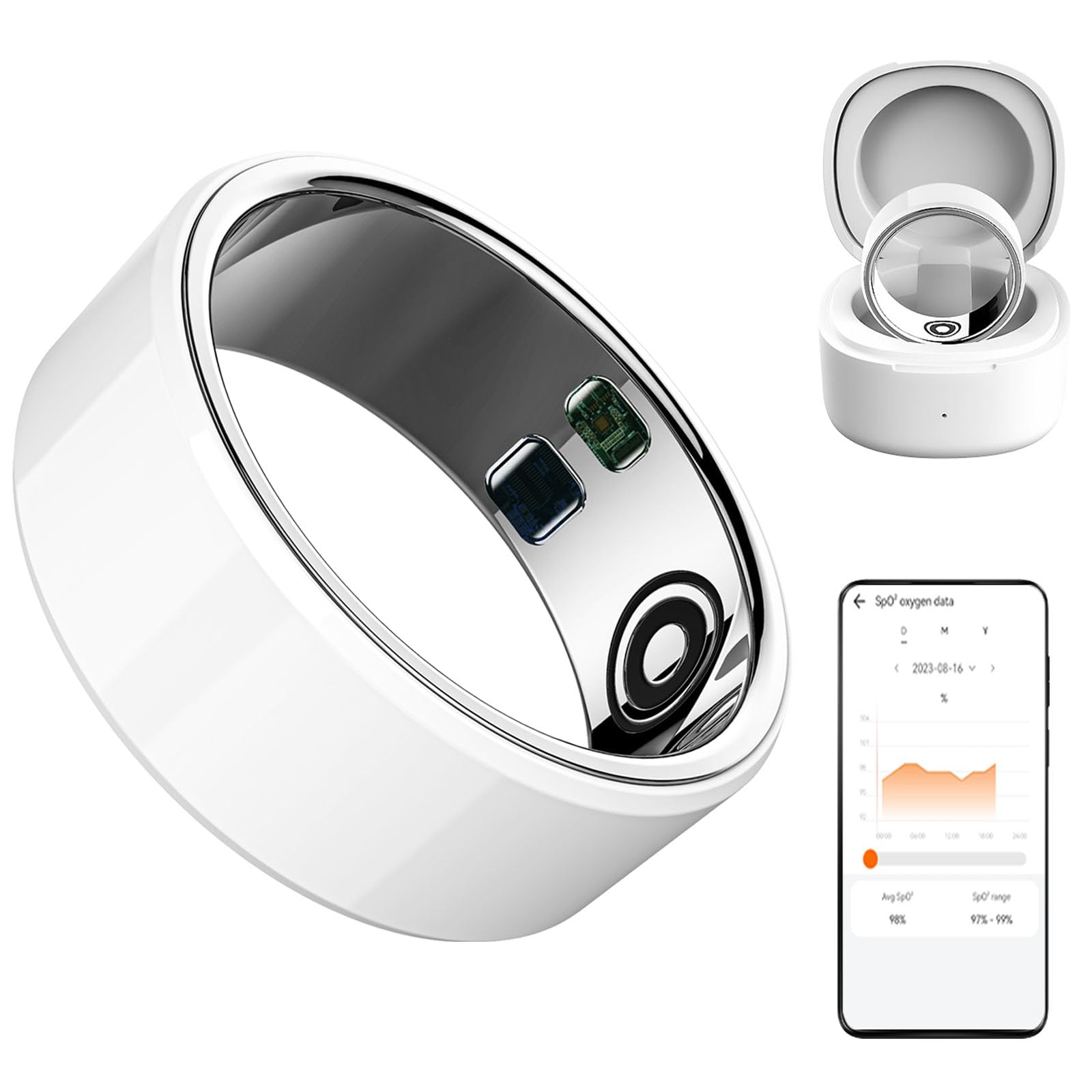 Smart Ring Sleep Fitness Tracker, registra sonno, frequenza cardiaca, temperatura, ossigeno nel sangue e contapassi, anello salutare con custodia di ricarica, bianco US 12