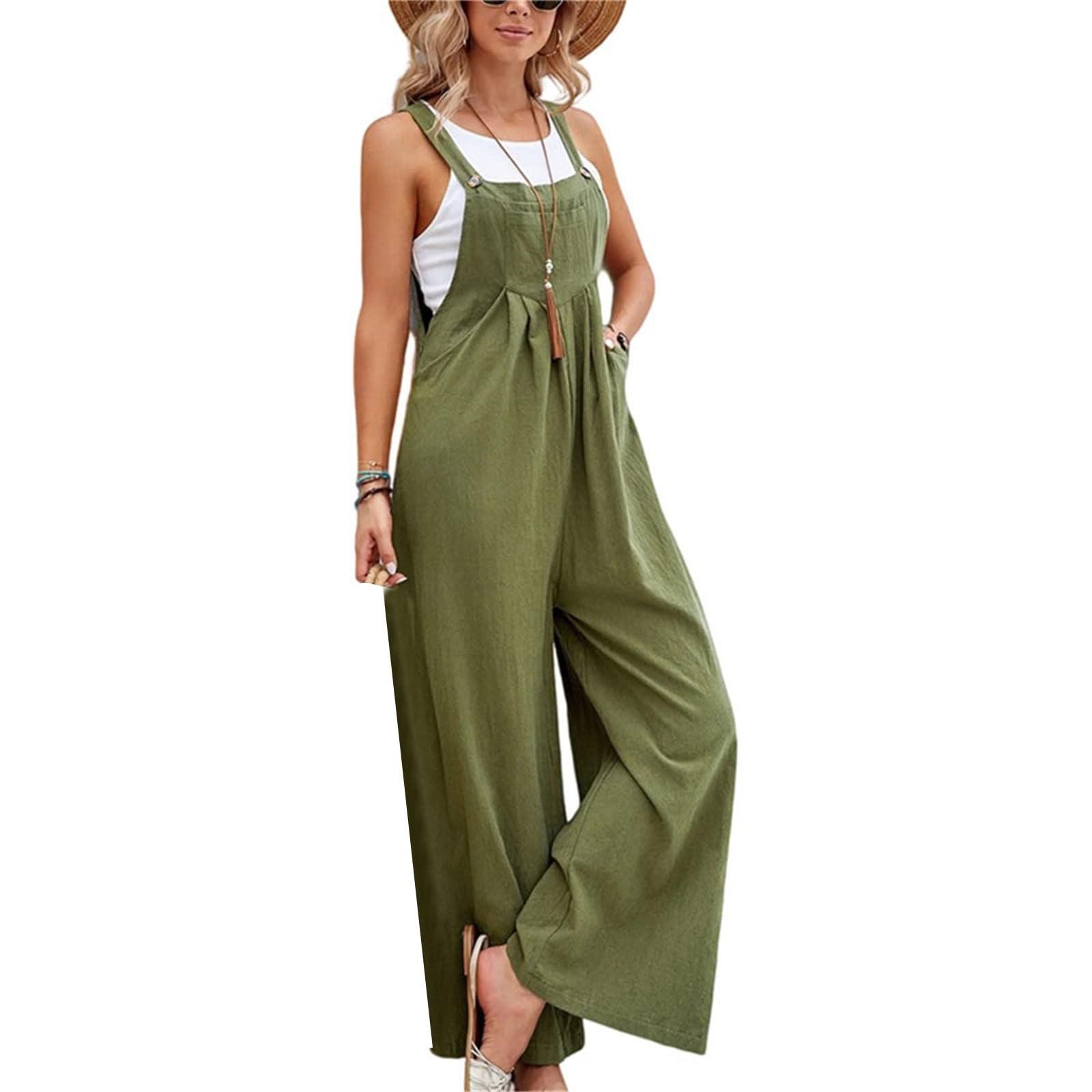 Kubbon Womens Wide Leg Jumpsuits Sleeveless Straps Bib Overalls Summer Baggy Casual Pants Rompers Overalls with Pockets