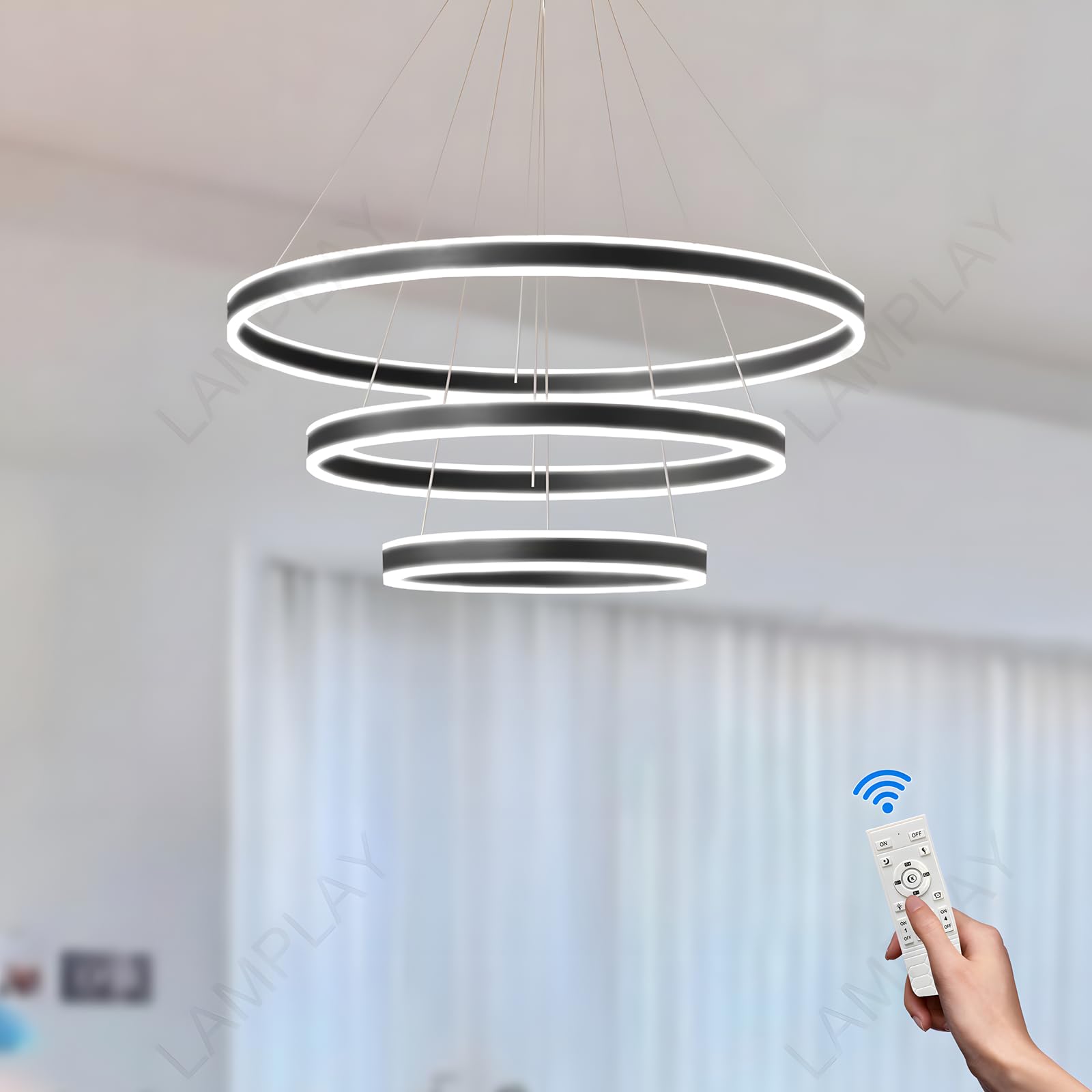 Lamplay Black Round Led Modern Pendant Light, 3 Ring Chandelier, Dimmable With Remote Control 3000K-6000K Ceiling Light, Height Adjustable, Foyer Living Room Bedroom Kitchen Island (Ø20+40+60Cm)