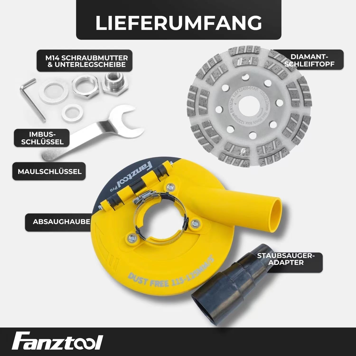 FANZTOOL 3.Generation Absaughaube für Winkelschleifer inkl. 125 mm Diamantschleiftopf PROFI QUALITÄT – Bürsten Auswechselbar – 99% Universal passend – Verstärkter Adapterring – M14 Adapter