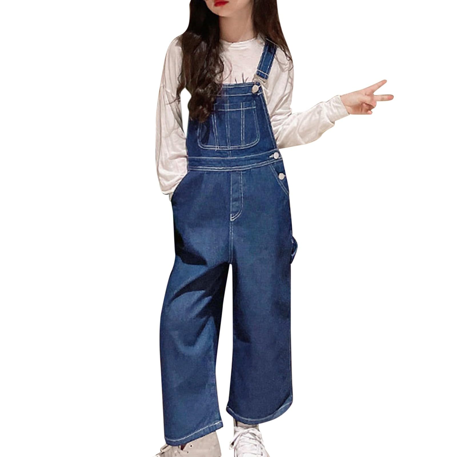 Tuta in denim per ragazze Salopette per bambini Jeans Salopette Classica Cinghie Regolabili Tuta Gamba Larga Pantaloni dritti Scuola Casual Pantaloni Larghi