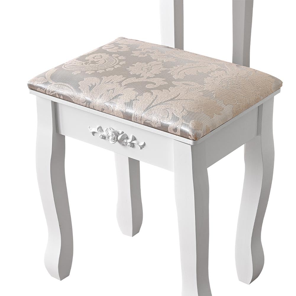 Shally Dogan Toeletta Trucco con Sgabello Modello Elena con 10 Lampade Led, Specchiera con Tavolo e Cassetti in Legno Bianco, Seduta Comoda Imbottita, Specchio Postazione Make Up, Luce Fredda e Calda