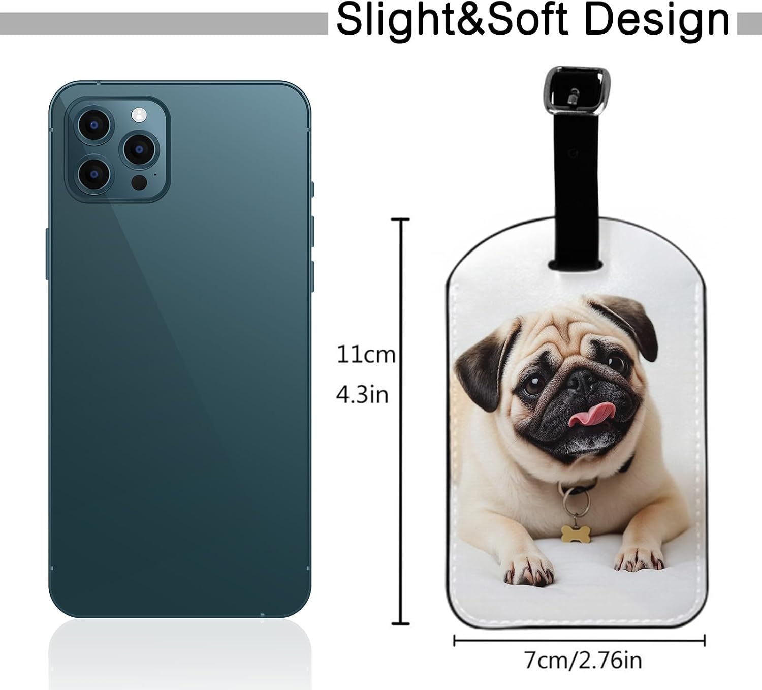 Pug Dog Luggage Tag Face Happy Puppy Cute Pet Animal Suitcase Tag with Strap for Handbag School Bag Label ID, 1 Pack
