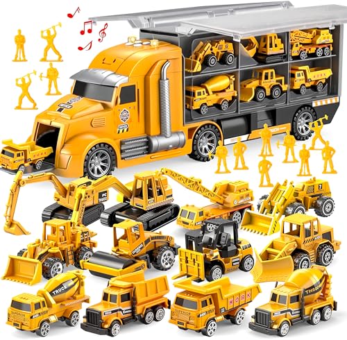 JOYIN 25 in 1 Kids Construction Truck Toy Set, 24Pcs Push and Go Cars and Worker Figures, Toddler Play Vehicles Carrier Truck with Sounds and Light, Birthday Gifts Toys for 3 4 5 6 7 Years Old Boys