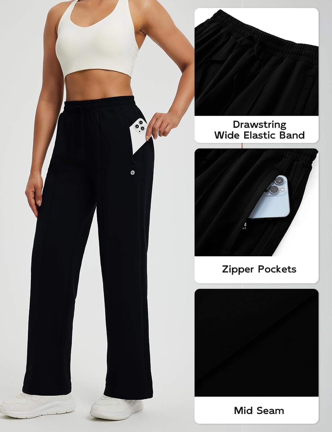 baleaf Women's Fleece Lined Pants Wide Leg Track Pants with Zipper Pockets Loose Fit Straight Leg Pull on Pants for Winter - Image 5