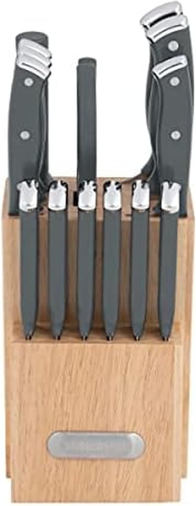 Farberware Triple Riveted Knife Set High-Carbon Stainless Steel Blades, Ergonomic Handles with Silver Accents, Includes Rubber Wood Storage Block, 15 piece, Gray